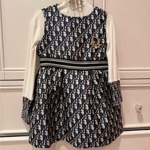 Dior Navy and White Icon-Print A-Line Dress with Knit Sleeves NWT